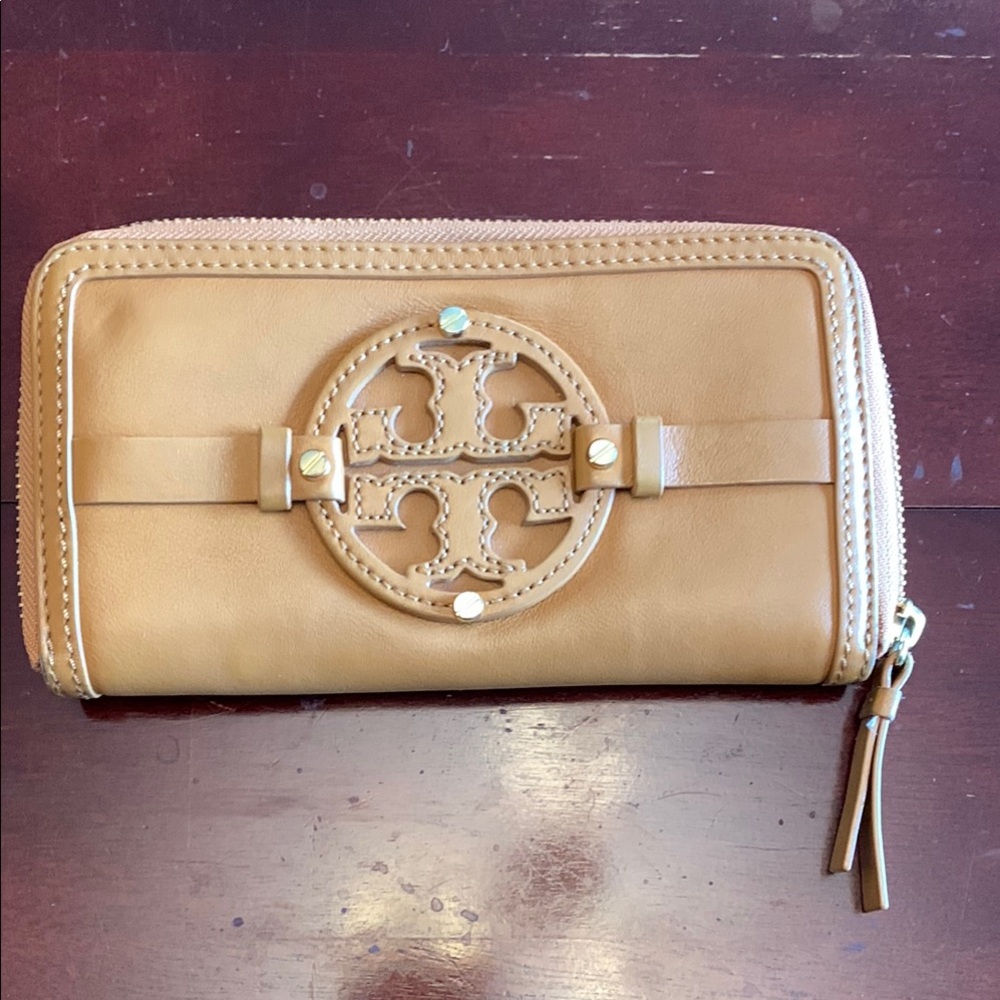 Tory Burch Tan Zip-Around Wallet with Gold Logo